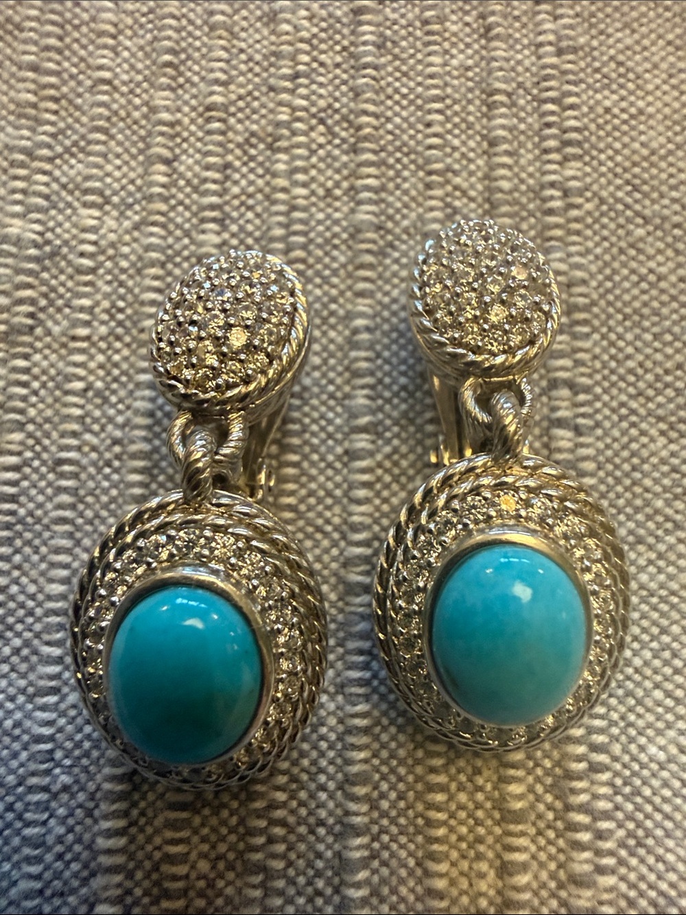 Judith Ripka silver double drop earrings with turquoise and CZ